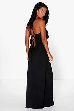 Boohoo Sally Ruffle Lace Up Back Maxi Dress