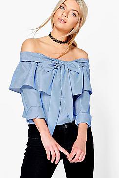 Boohoo Billie Bow Tie Striped Bardot Top