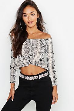 Boohoo Petite Snake Print Ruched Front Off Shoulder Top