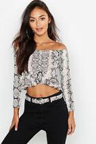 Boohoo Petite Snake Print Ruched Front Off Shoulder Top