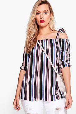 Boohoo Plus Lizzie Tie Bardot Stripe Top