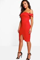 Boohoo Petite Zoe Off The Shoulder Detail Midi Dress Red