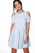 Boohoo Anna Textured Open Shoulder Skater Dress Sky