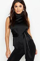 Boohoo Satin High Neck Tie Waist Top