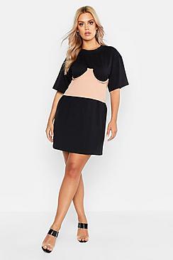 Boohoo Plus Underbust Rib Corset Oversized T-shirt Dress