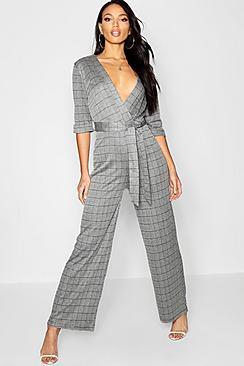 Boohoo Prince Of Wales Check Wrap Front Jumpsuit