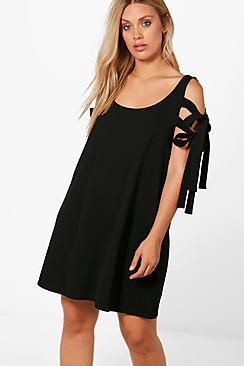 Boohoo Plus Tie Sleeve Cold Shoulder Shift Dress