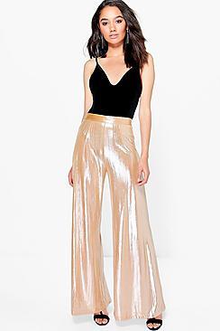 Boohoo Petite Leona Pleated Shimmer Wide Leg Trouser