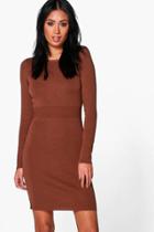 Boohoo Lola Ribbed Detail Knitted Bodycon Dress Camel