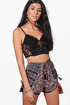 Boohoo Ana Tile Print Tassle Trim Shorts