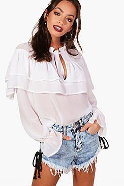 Boohoo Frill Cuff Tie Neck Blouse