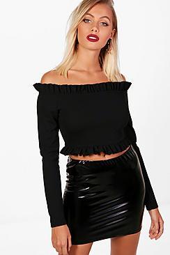 Boohoo Micro Ruffle Off The Shoulder Top