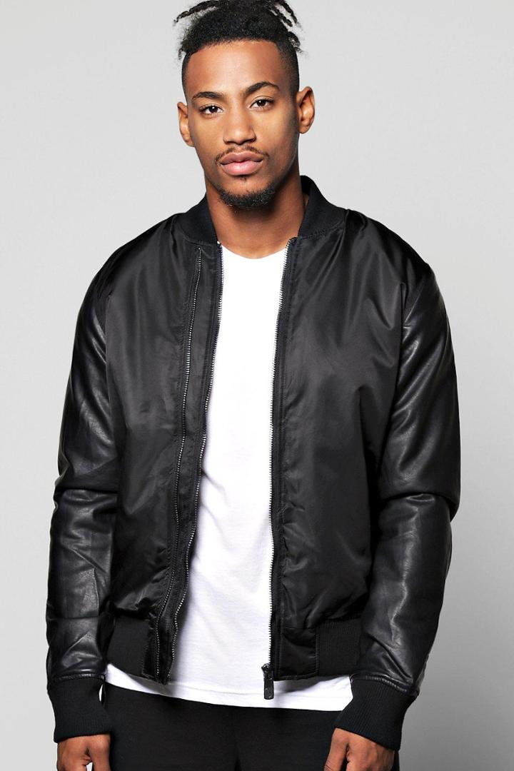 Boohoo Double Zip Nylon Bomber With Pu Sleeves Black