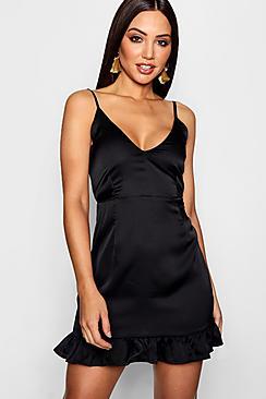 Boohoo Kat Drop Hem Luxe Satin Strappy Cami Dress