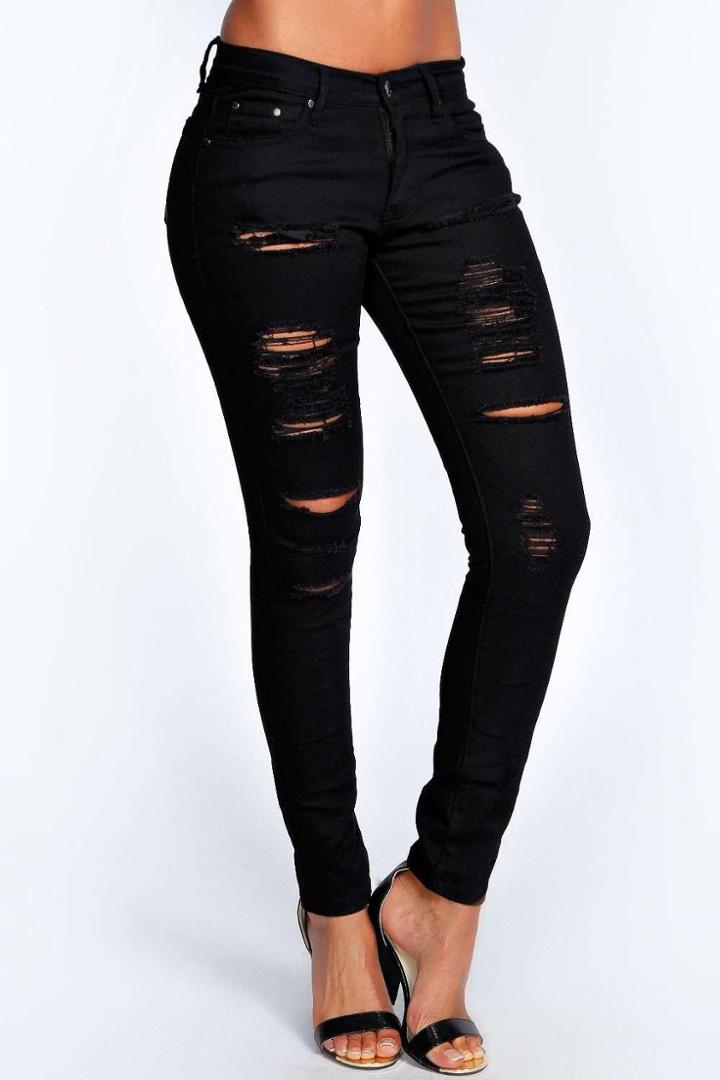 Boohoo Abby High Rise Heavy Ripped Super Skinny Jeans Black