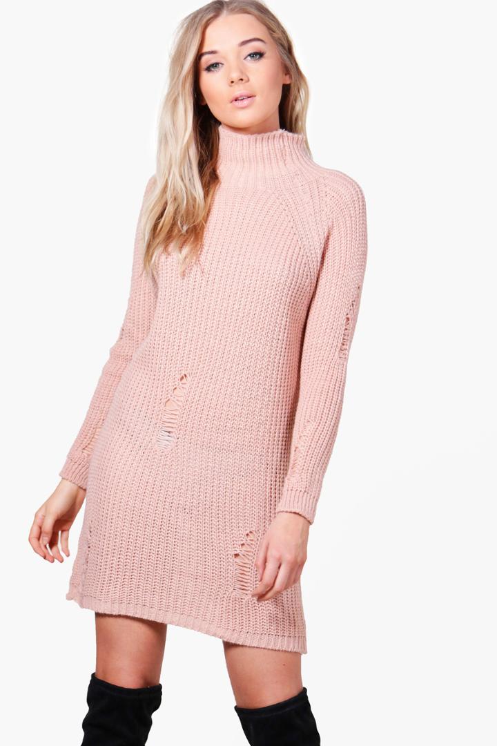 Boohoo Sarah Distressed High Neck Jumper Dress Blush