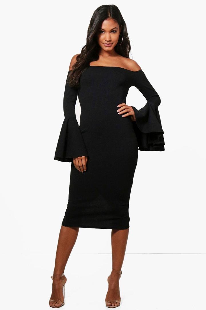 Boohoo Rosey Flared Sleeve Midi Dress Black