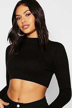 Boohoo Long Sleeve High Neck Knitted Rib Crop Top