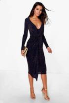Boohoo Finola Metallic Drape Wrap Midi Dress Navy