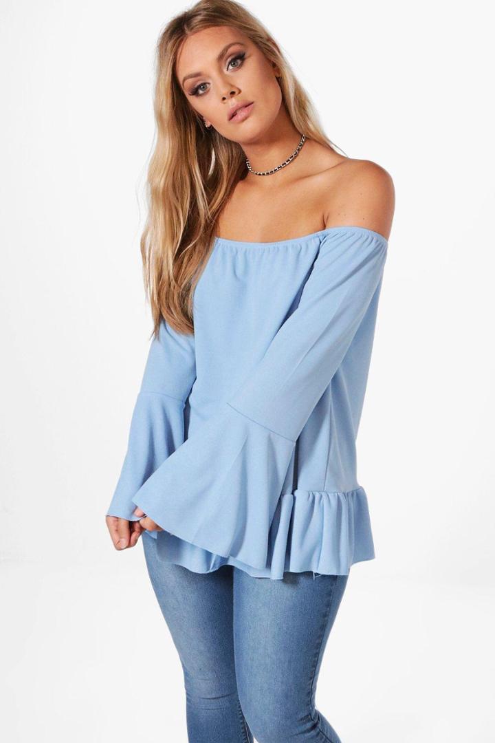 Boohoo Plus Sophia Off The Shoulder Flare Sleeve Top Bluebell