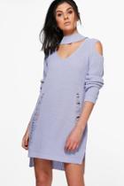 Boohoo Beth Choker Distressed Cold Shoulder Jumper Dress Lilac