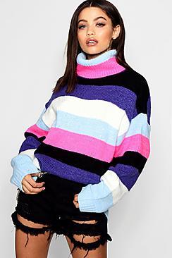 Boohoo Sadie Oversized Roll Neck Coloured Stripe Jumper