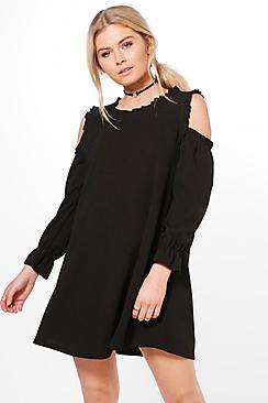 Boohoo Cold Shoulder Ruffle Sleeve Dress