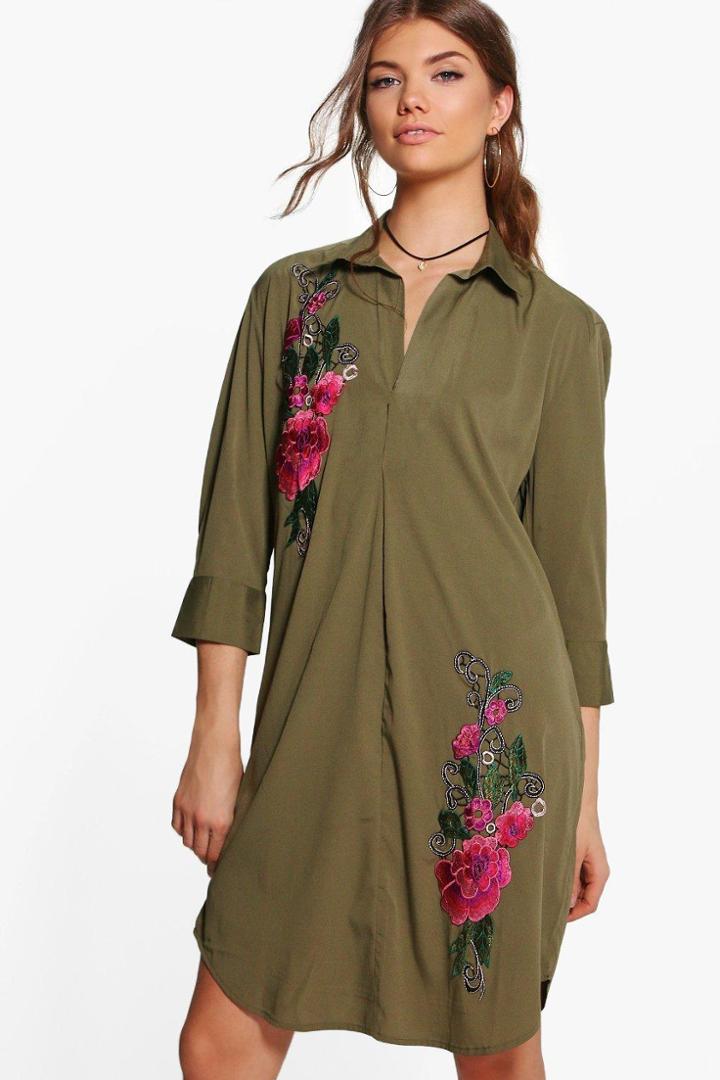 Boohoo Tall Mari Premium Embroidered Woven Dress Khaki