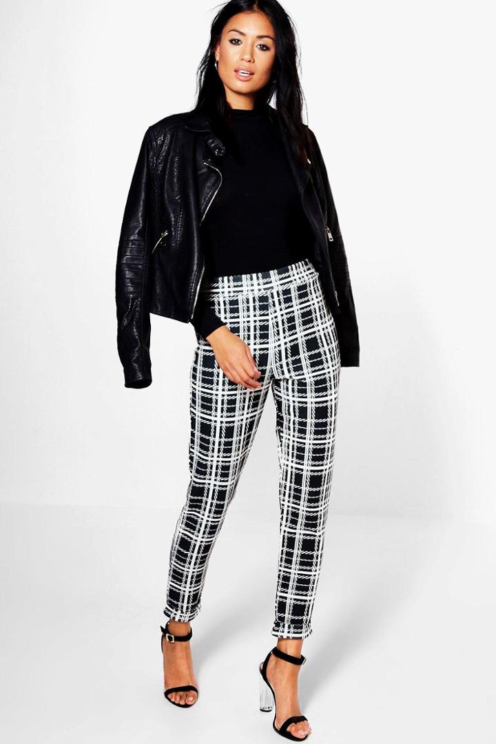 Boohoo Harper Monochrome Dogtooth Skinny Stretch Trousers Black