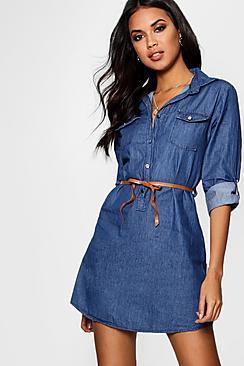 Boohoo Denim Belted Button Front Shirt Dress