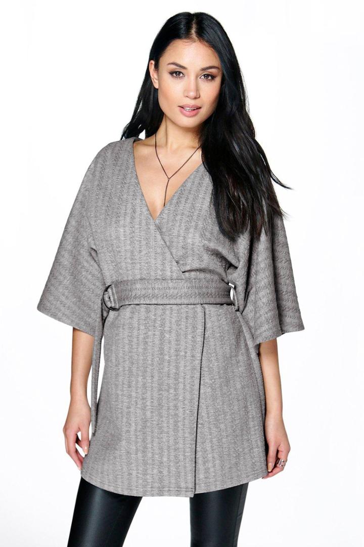Boohoo Aimee Textured Belted Kimono Jacket Grey