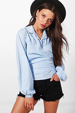 Boohoo Louise Wrapover Blouson Sleeve Shirt
