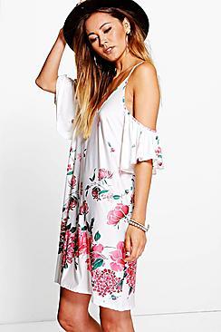 Boohoo Tanya Ruffle Cold Shoulder Floral Dress
