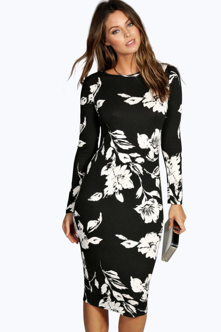 Boohoo Emma Long Sleeve Midi Bodycon Dress Multi
