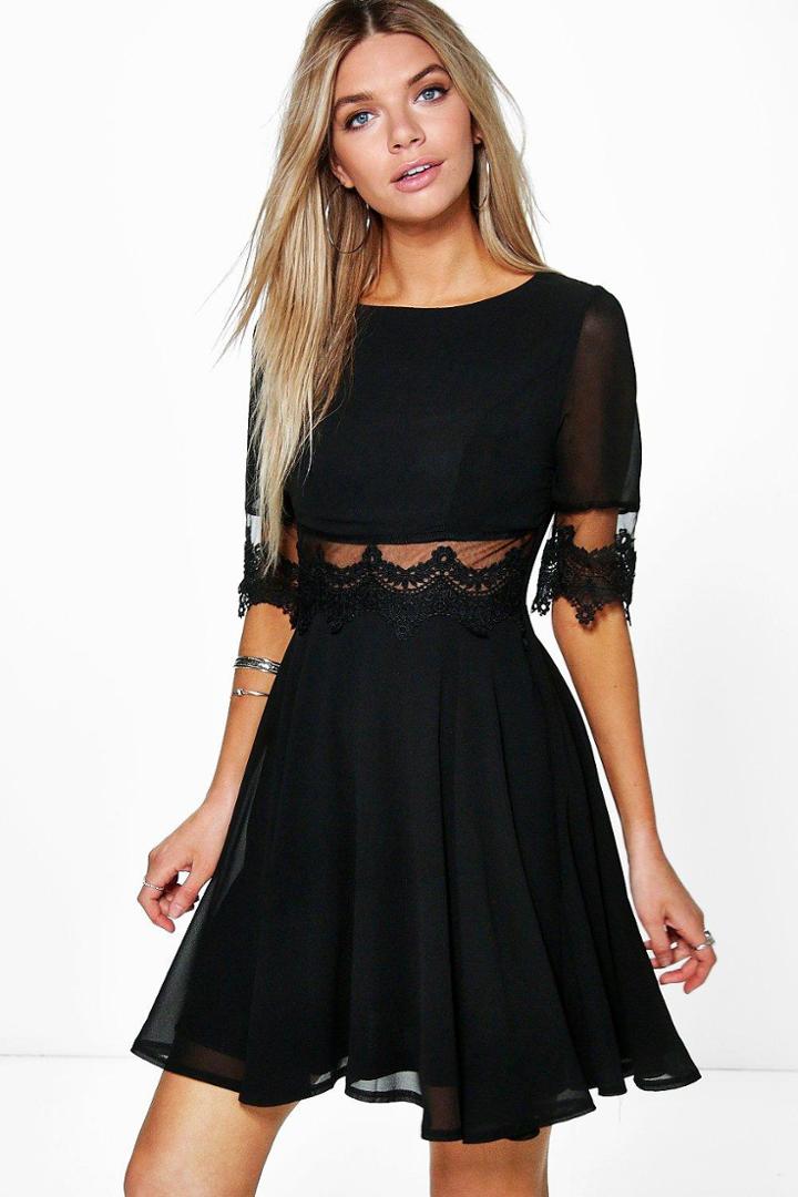 Boohoo Lilly Lace & Mesh Insert Skater Dress Black
