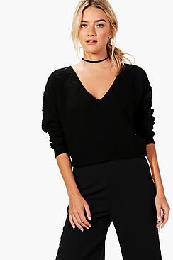 Boohoo Annabella V Neck Crop Knit Jumper