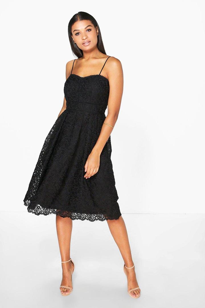 Boohoo Boutique Abie Embroidered Strappy Midi Skater Dress Black