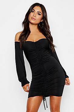 Boohoo Slinky Bardot Blouson Sleeve Bodycon Dress