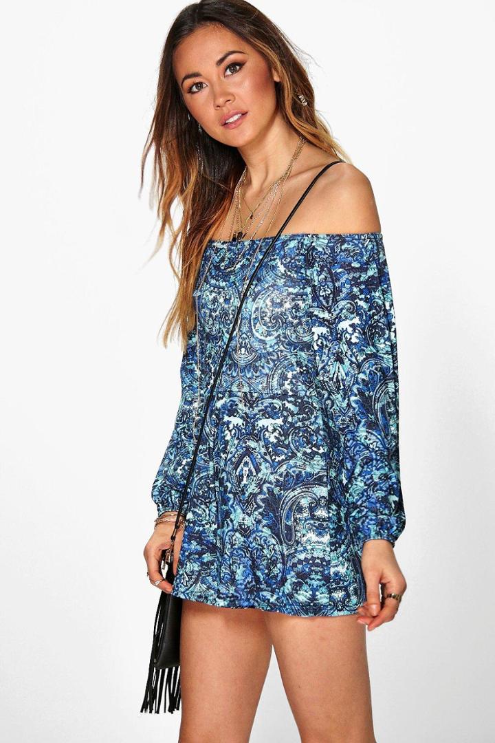 Boohoo Nia Blue Paisley Off The Shoulder Playsuit Multi