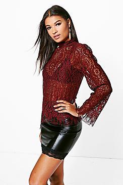Boohoo Isabella Eyelash Lace High Neck Blouse