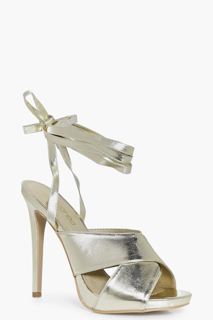 Boohoo Ivy Cross Front Wrap Strap Stiletto Heel Gold