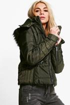 Boohoo Ava Crop Padded Jacket With Faux Fur Hood Khaki