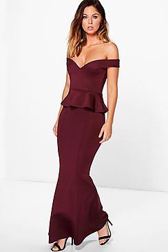 Boohoo Harley Off Shoulder Fishtail Peplum Maxi Dress
