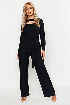 Boohoo Plus Ribbed Cut Out Tie Waist Jumpsuit