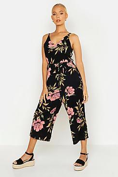 Boohoo Palm Floral Plunge Culotte Jumpsuit