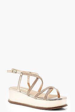 Boohoo Diamante Multi Strap Flatforms
