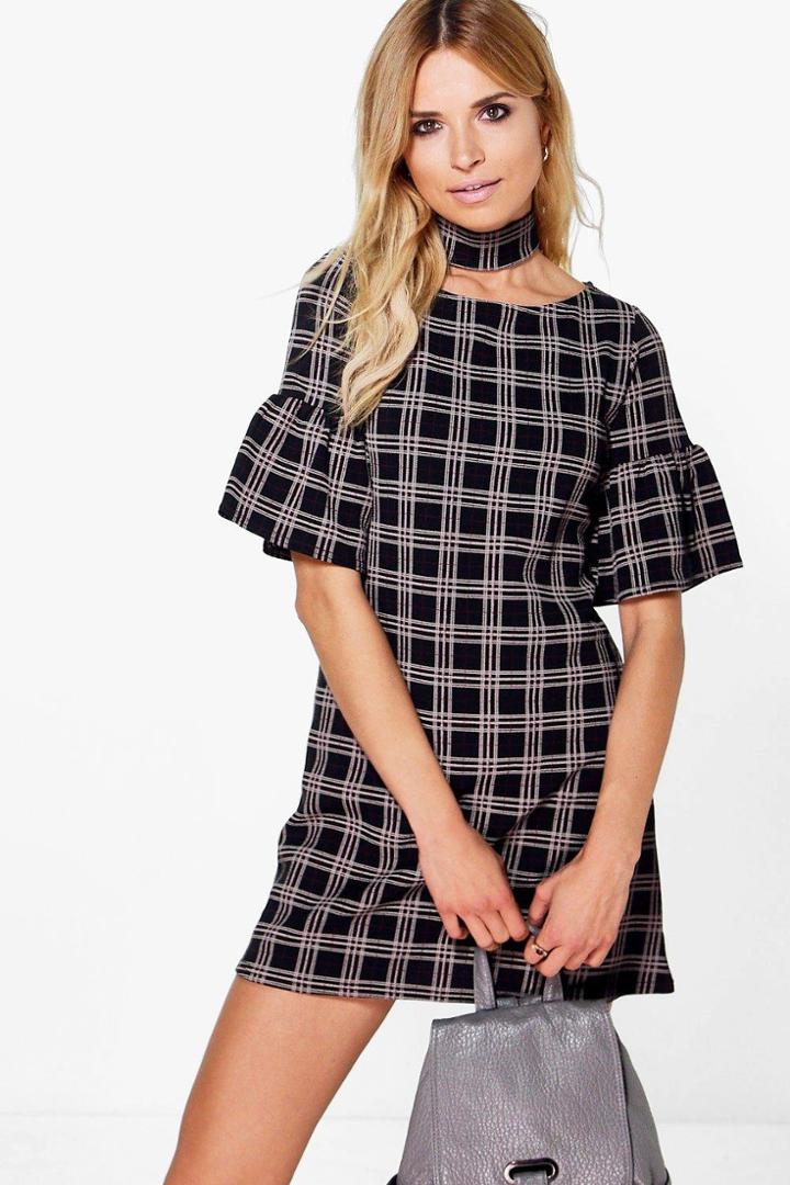 Boohoo Finola Choker Check Printed Shift Dress Multi