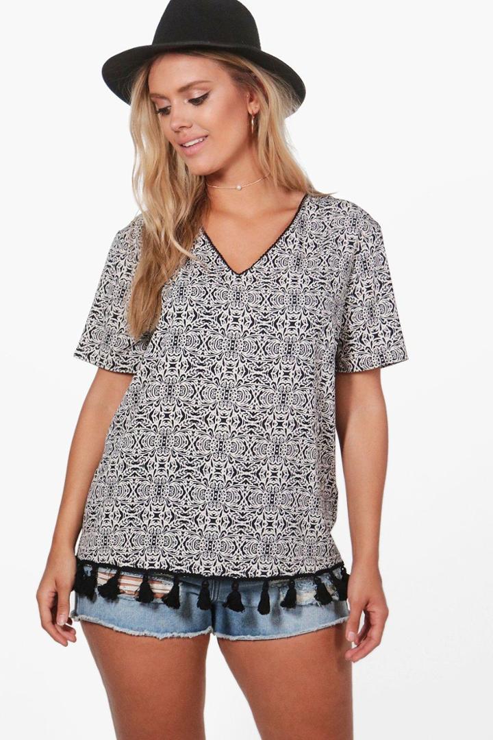 Boohoo Plus Katie Printed Tassle Hem Top Multi