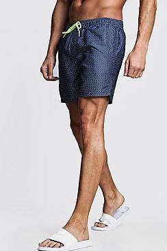 Boohoo Navy Geo Print Mid Length Swim Short