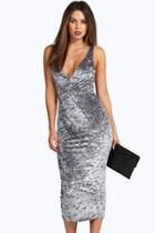 Boohoo Joy Velvet Plunge Neck Midaxi Dress Grey